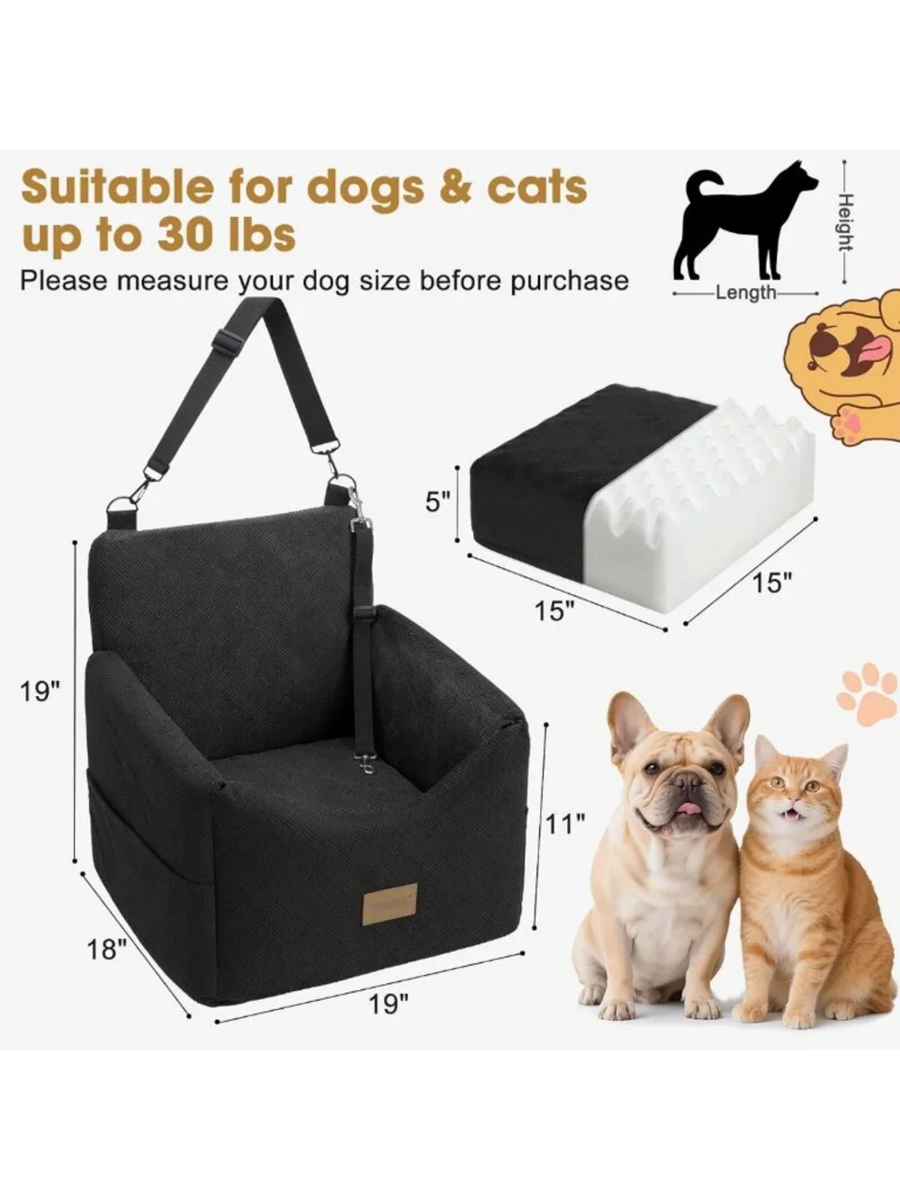 Cozy Dog Car Seat for Small to Medium Pets, Washable Cover, Memory Foam, Safety